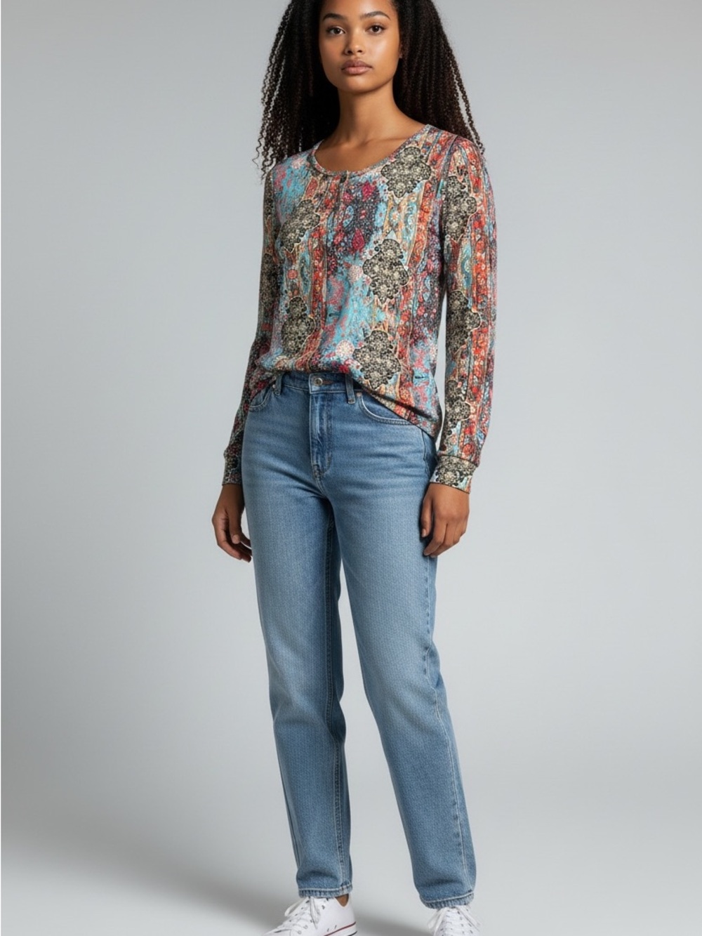 Xieerduo boho Henley floral top tunic Women L medallion print buttons longsleeve